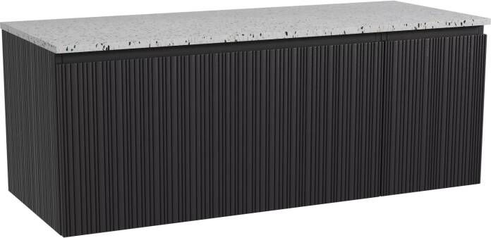 Storke Ribs zwevend badmeubel 130 x 52 cm zwart eiken met Tavola enkel of dubbel wastafelblad in mat wit zwart terrazzo Verticale asymmetrische rechte ribbel