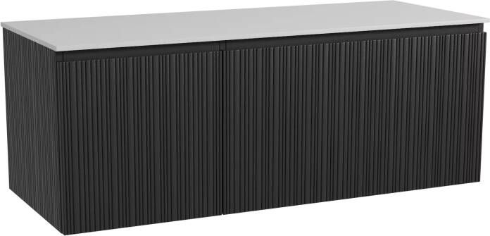 Storke Ribs zwevend badmeubel 130 x 52 cm zwart eiken met Tavola enkel of dubbel wastafelblad in solid surface mat wit Verticale asymmetrische rechte ribbel