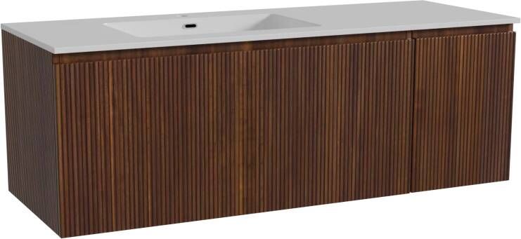 Storke Ribs zwevend badmeubel 140 x 52 cm notenhout met Diva asymmetrisch linkse wastafel in composietmarmer hoogglans wit Verticale symmetrische rechte ribbel