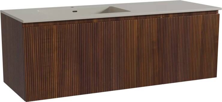 Storke Ribs zwevend badmeubel 140 x 52 cm notenhout met Diva asymmetrisch linkse wastafel in top solid zijdegrijs Verticale symmetrische rechte ribbel