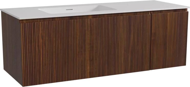 Storke Ribs zwevend badmeubel 140 x 52 cm notenhout met Mata asymmetrisch linkse wastafel in solid surface mat wit Verticale symmetrische rechte ribbel