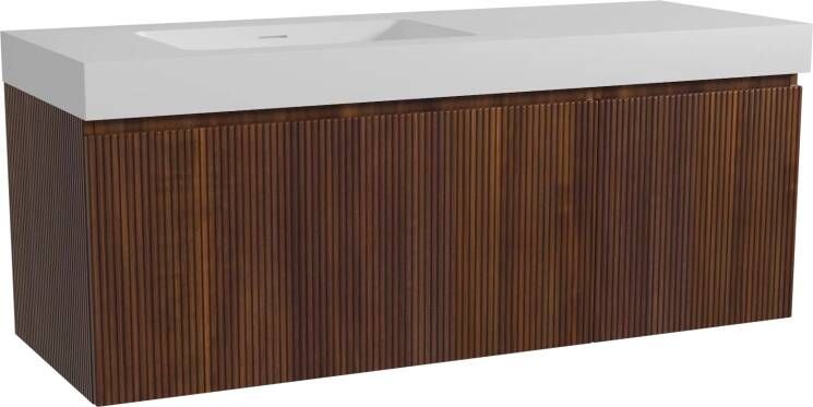 Storke Ribs zwevend badmeubel 140 x 52 cm notenhout met Mata High asymmetrisch linkse wastafel in solid surface mat wit Verticale symmetrische rechte ribbel