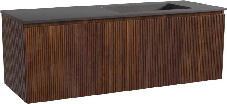 Storke Ribs zwevend badmeubel 140 x 52 cm notenhout met Scuro asymmetrisch rechtse wastafel in kwarts mat zwart Verticale symmetrische rechte ribbel