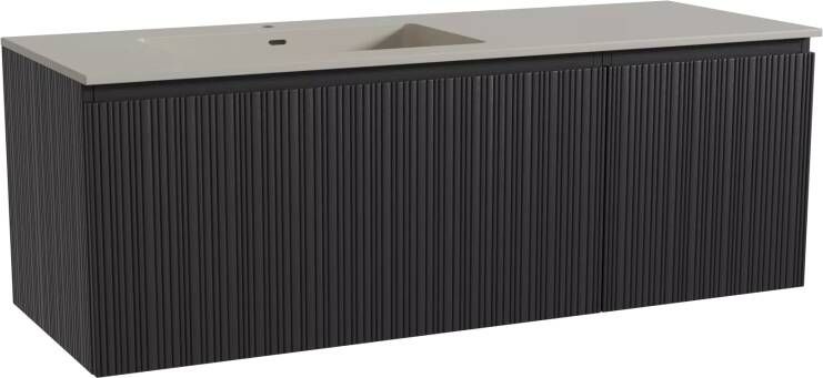 Storke Ribs zwevend badmeubel 140 x 52 cm zwart eiken met Diva asymmetrisch linkse wastafel in top solid zijdegrijs Verticale asymmetrische rechte ribbel