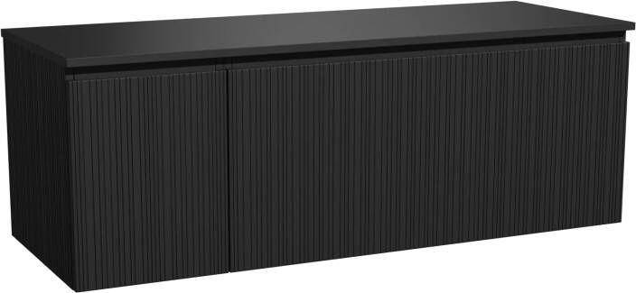 Storke Ribs zwevend badmeubel 140 x 52 cm zwart eiken met Panton enkel of dubbel wastafelblad in gepoedercoate mdf mat zwart Verticale asymmetrische rechte ribbel