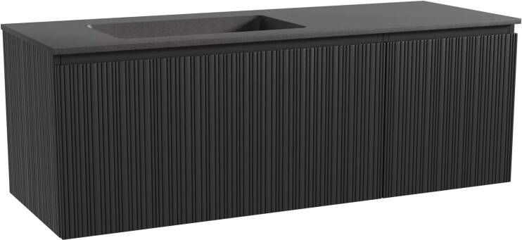 Storke Ribs zwevend badmeubel 140 x 52 cm zwart eiken met Scuro asymmetrisch linkse wastafel in kwarts mat zwart Verticale asymmetrische rechte ribbel