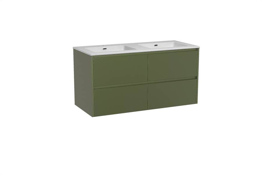 Storke Seda zwevend badmeubel 120 x 52 cm olijfgroen met Diva dubbele wastafel in composietmarmer hoogglans wit