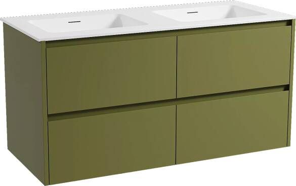 Storke Seda zwevend badmeubel 120 x 52 cm olijfgroen met Mata dubbele wastafel in solid surface mat wit