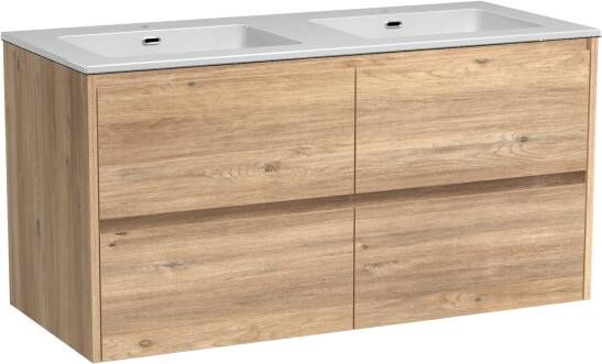 Storke Seda zwevend badmeubel 120 x 52 cm ruw eiken met Diva dubbele wastafel in glanzend composiet marmer