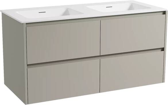 Storke Seda zwevend badmeubel 120 x 52 cm zijdegrijs met Mata dubbele wastafel in solid surface mat wit