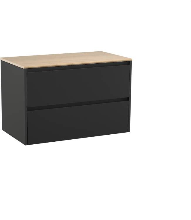 Storke Seda zwevend badmeubel 95 x 52 cm mat zwart met Edge enkele wastafel in natuur eiken melamine