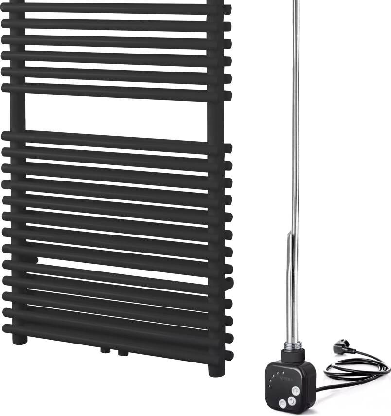Vipera Alegria dubbele handdoekradiator 60 x 180 cm elektrische verwarming mat zwart zij- en middenaansluiting 1.875W weerstand inbegrepen