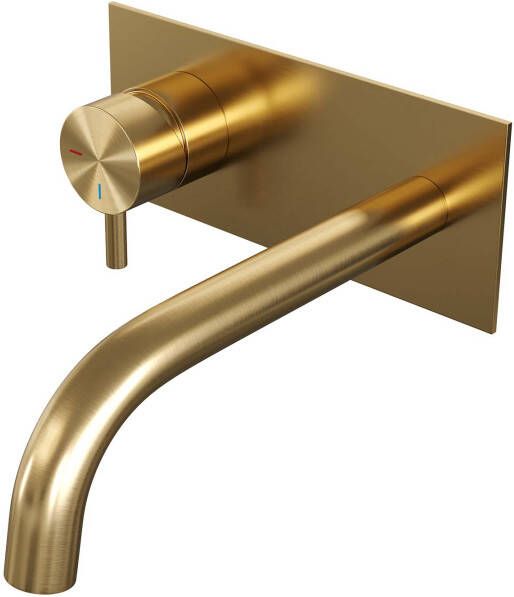 Brauer Gold Edition Wastafelmengkraan inbouw gebogen uitloop rechts korte smalle gladde hendel afdekplaat model B2 PVD geborsteld goud 5-GG-083-B5
