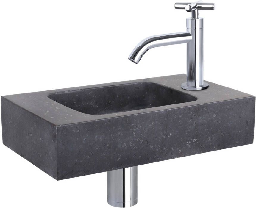 Differnz Force fonteinset 40x22x9cm Rechthoek 1 kraangat Gebogen chromen kraan kruisgreep Natuursteen Zwart 38.400.42