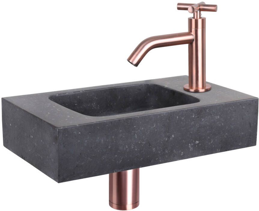 Differnz Force fonteinset 40x22x9cm Rechthoek 1 kraangat Gebogen rose koper kraan kruisgreep Natuursteen Zwart 38.400.45 - Foto 2