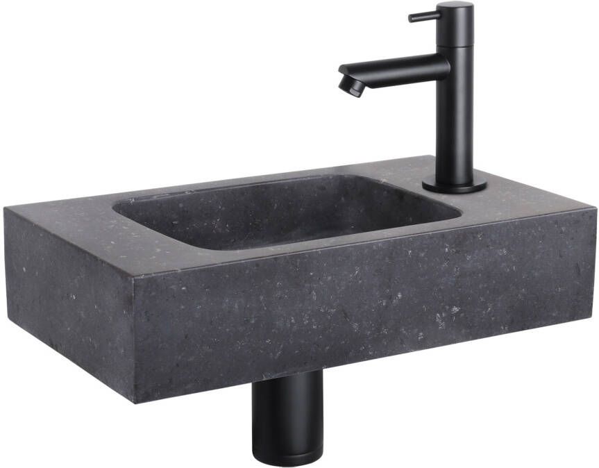 Differnz Force fonteinset 40x22x9cm Rechthoek 1 kraangat Recht matte zwarte kraan Natuursteen Zwart 38.400.37