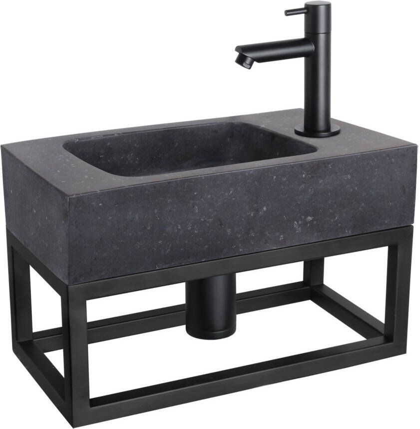 Differnz Bombai fonteinset 40x22x9cm Rechthoek 1 kraangat Recht matte zwarte kraan met zwart frame Natuursteen Zwart 38.401.45
