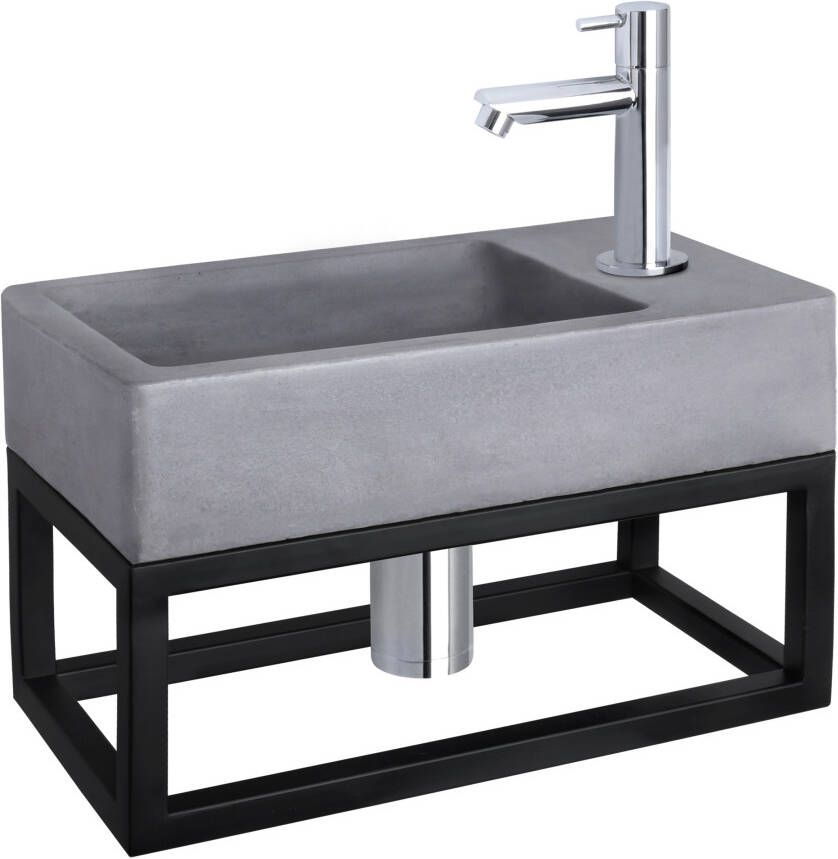 Differnz Force fonteinset 40x22x8cm Rechthoek 1 kraangat Recht chromen kraan met zwart frame Beton Grijs 38.401.72