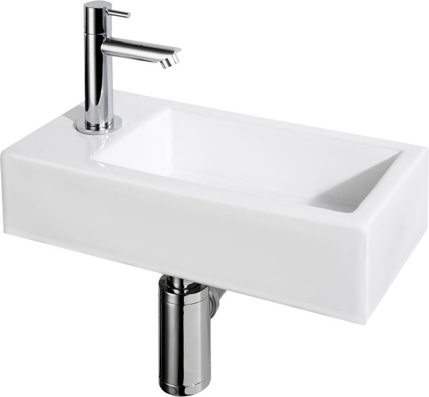 Differnz Helios fonteinset 37.5x18.5x9.5cm Rechthoek 1 kraangat links Recht chromen kraan Keramiek Wit 38.010.12