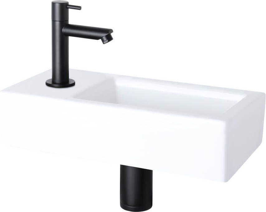 Differnz Helios fonteinset 37.5x18.5x9.5cm Rechthoek 1 kraangat links Recht matte zwarte kraan Wit 38.010.41 - Foto 1