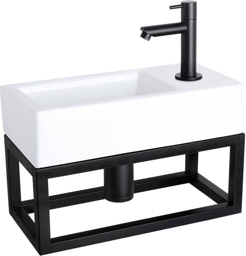 Differnz Helios fonteinset 37.5x18.5x9.5cm Rechthoek 1 kraangat rechts Recht matte zwarte kraan met zwart frame Keramiek Wit 38.010.42