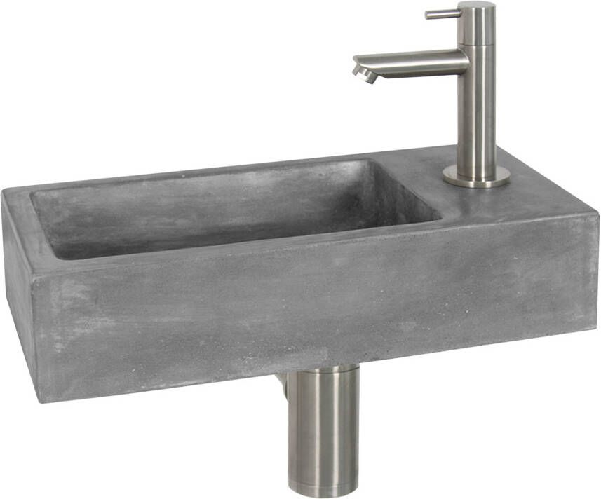 Differnz Fonteinset Juti Rechts 38.5x18.5x9 cm Beton Grijs (inclusief mat verchroomde kraan sifon en afvoer)