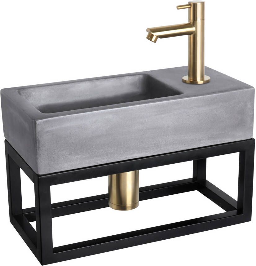 Differnz Ravo Fonteinset 38.5x18.5x24.5cm 1 kraangat recht mat gouden kraan met sifon en afvoerplug fontein Rechthoek Beton Donker grijs 38.402.15