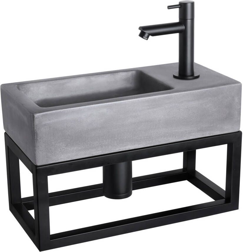 Differnz Ravo fonteinset 38.5x18.5x25cm Rechthoek 1 kraangat Recht matte zwarte kraan met zwart frame beton donkergrijs 38.402.05