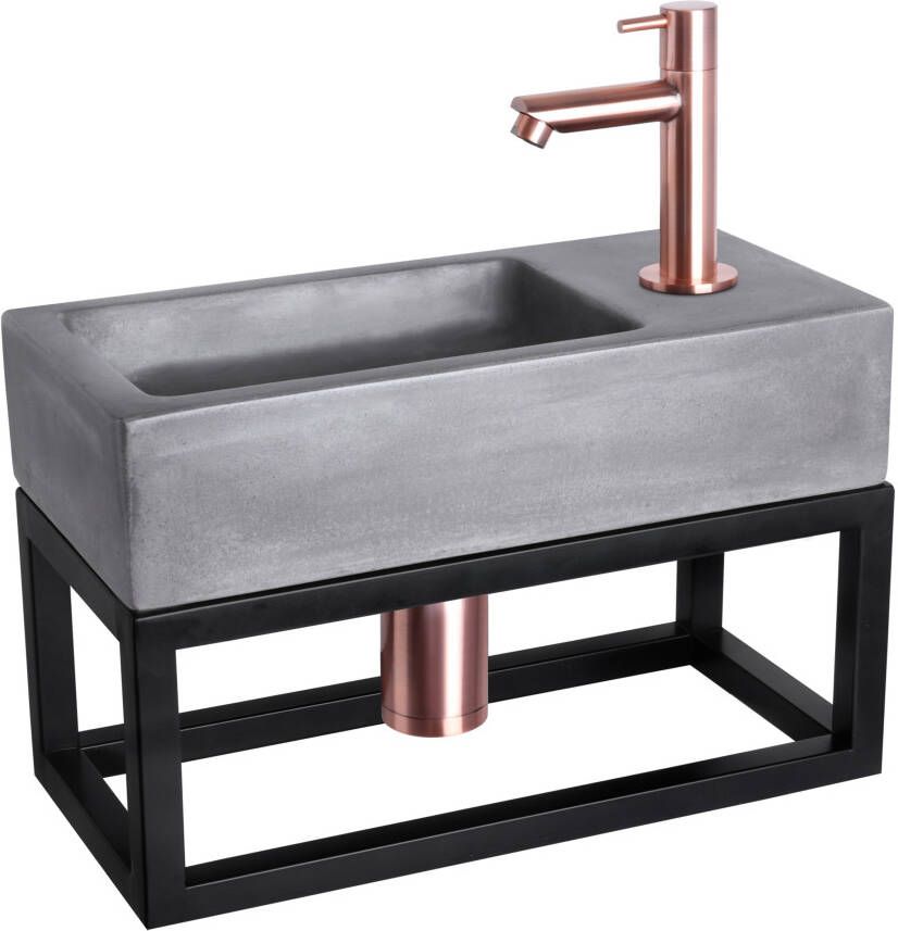 Differnz Ravo fonteinset 38.5x18.5x25cm Rechthoek 1 kraangat Recht rose koperen kraan met zwart frame beton donkergrijs 38.402.12