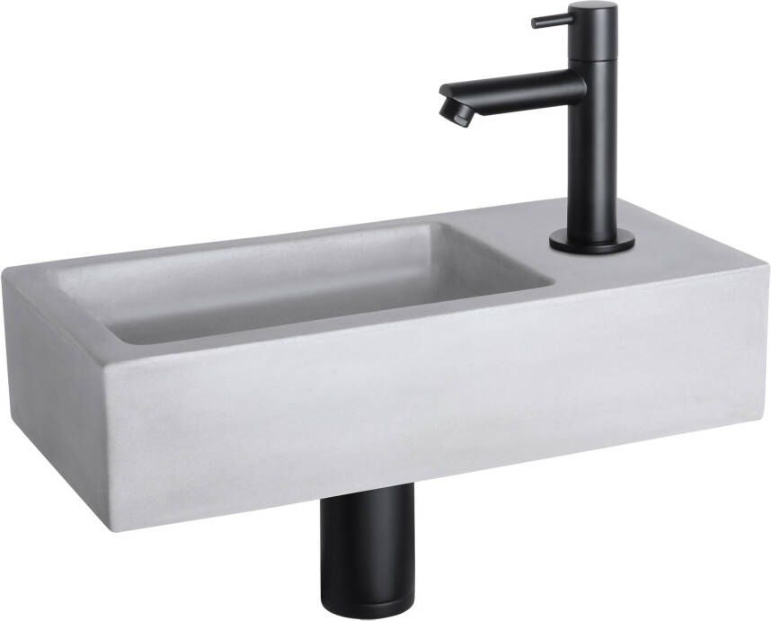 Differnz Ravo fonteinset 38.5x18.5x9cm Rechthoek 1 kraangat Recht matte zwarte kraan beton lichtgrijs 38.004.95