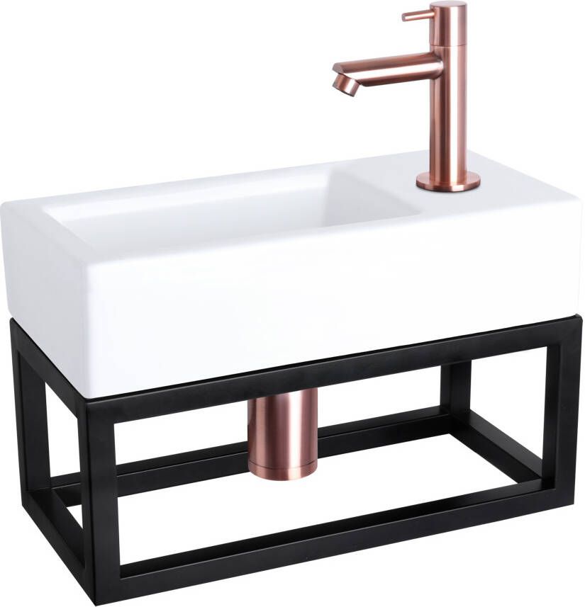 Differnz Ravo fonteinset 38.5x18.5x25cm Rechthoek 1 kraangat Recht koperen kraan met zwart frame Keramiek Wit 38.401.88
