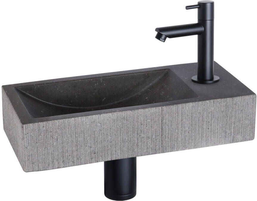 Differnz Ribble fonteinset 38x18x8cm Rechthoek 1 kraangat recht zwart matte kraan natuursteen zwart 38.402.17