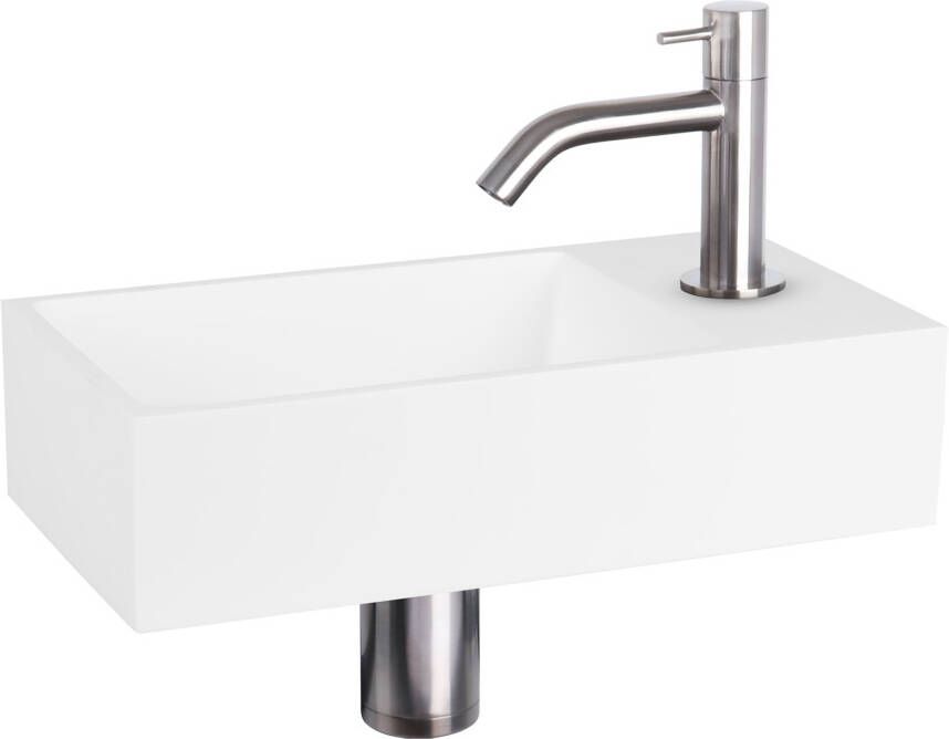 Differnz Solid fonteinset 36x18.5x9cm Rechthoek 1 kraangat Gebogen chromen matte kraan Solid surface Wit 38.402.30
