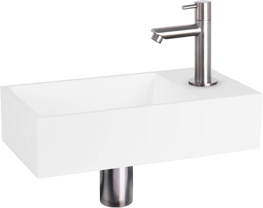 Differnz Solid fonteinset 36x18.5x9cm Rechthoek 1 kraangat recht chromen matte kraan Solid surface Wit 38.402.31