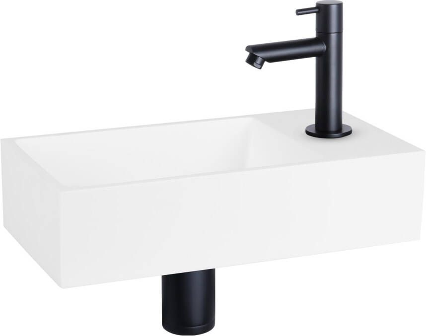 Differnz Solid fonteinset 36x18.5x9cm Rechthoek 1 kraangat recht zwart matte kraan Solid surface Wit 38.402.29