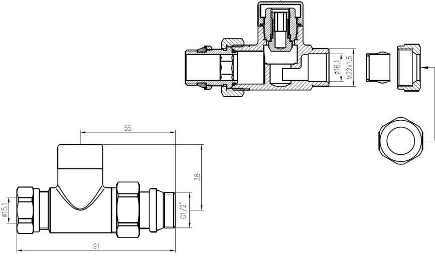 Riko luxe regeltee 1 2&apos;&apos;x15 (M22) knel recht chroom