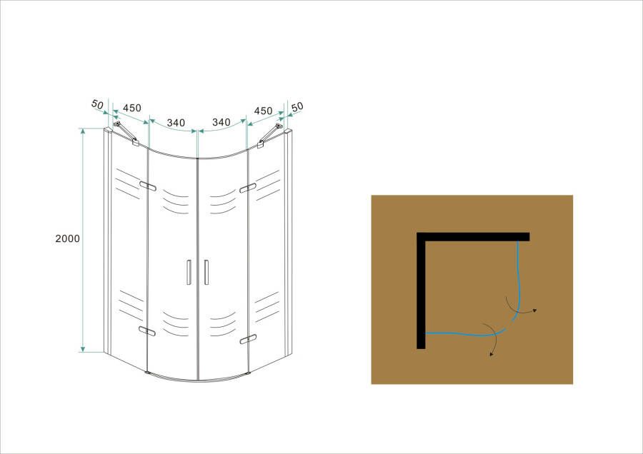 Wiesbaden 1 4 ronde cabine 2 dr.deuren 1000x1000x2000 chr.8mm NANO