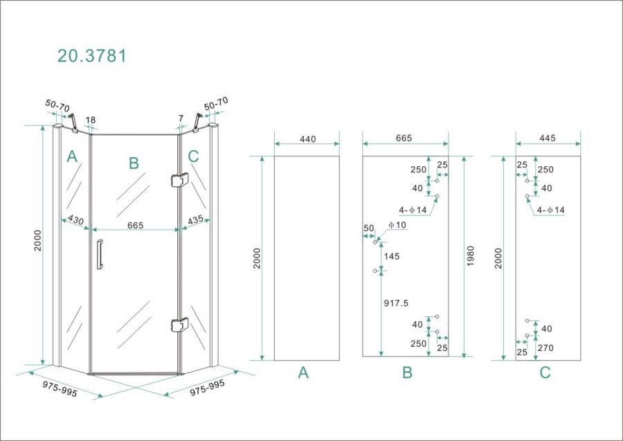 Wiesbaden 5-hoek douchecabine 8mm NANO 1000x1000x2000