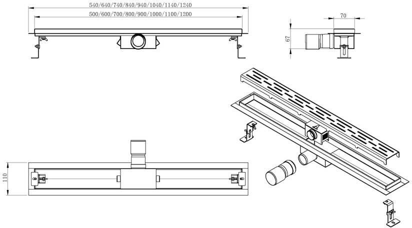 Wiesbaden douchegoot met tegelrooster en flens 110 x 7 cm RVS