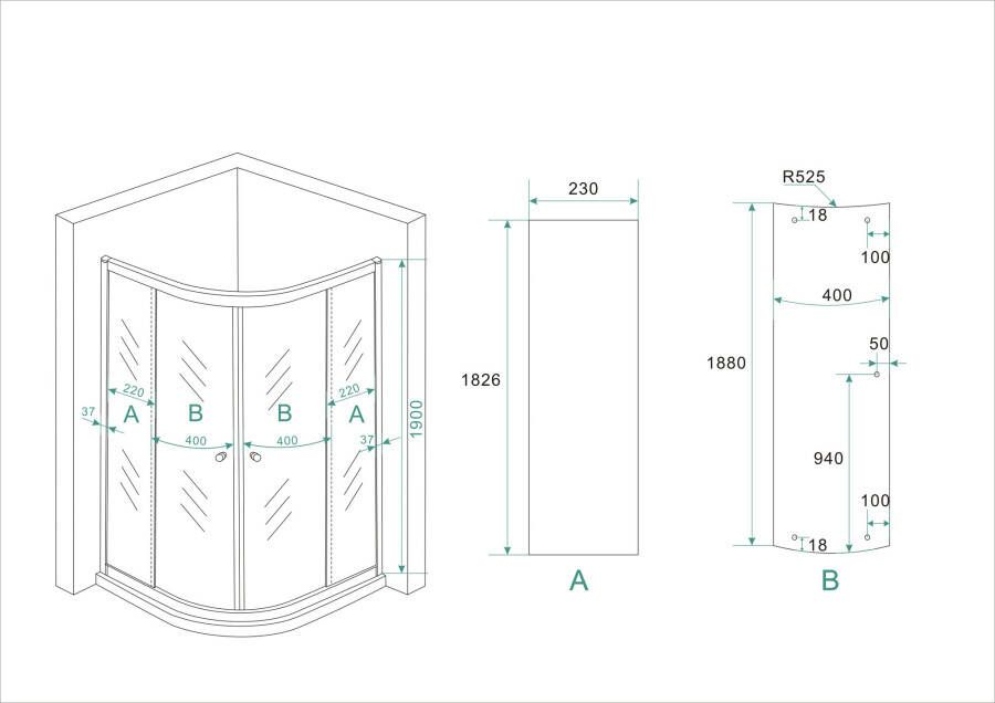 Wiesbaden Eco 1 4 ronde douchecabine 5mm 800x800x1900 helder glas