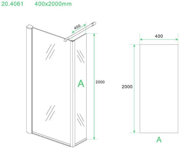 Wiesbaden Eco zijpaneel 40 x 200 cm met hoekprofiel voor inloopdouche chroom met 8 mm NANO helder glas