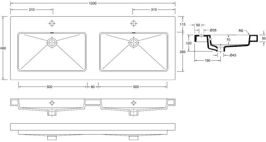 Wiesbaden Kera wastafel dubbel met 2 kraangaten 120x46x5 cm keramiek glans wit