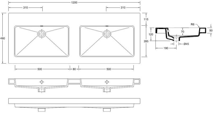 Wiesbaden Kera wastafel dubbel zonder kraangat 120x46x5 cm keramiek glans wit