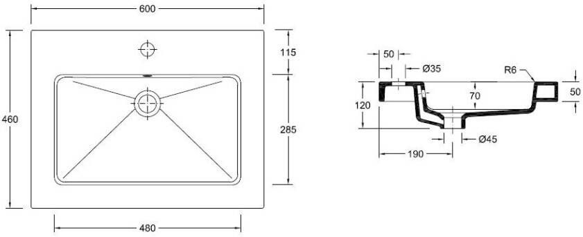 Wiesbaden Kera wastafel enkel met 1 kraangat 60x46x5 cm keramiek glans wit