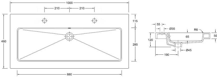 Wiesbaden Kera wastafel enkel met 2 kraangaten 100x46x5 cm keramiek glans wit