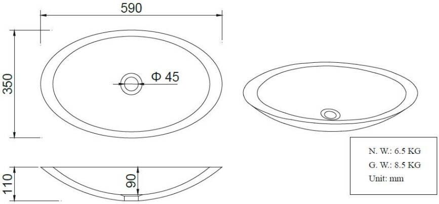 Wiesbaden Kim waskom ovaal 59x35x11 cm solid surface mat wit