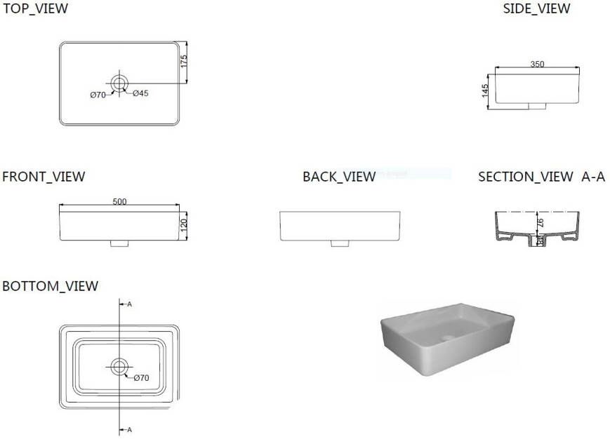 Wiesbaden Link waskom rechthoekig 35x50x12 cm keramiek mat zwart