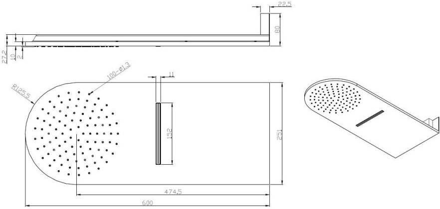 Wiesbaden luxe wand-hoofddouche+waterval 25x60 chroom