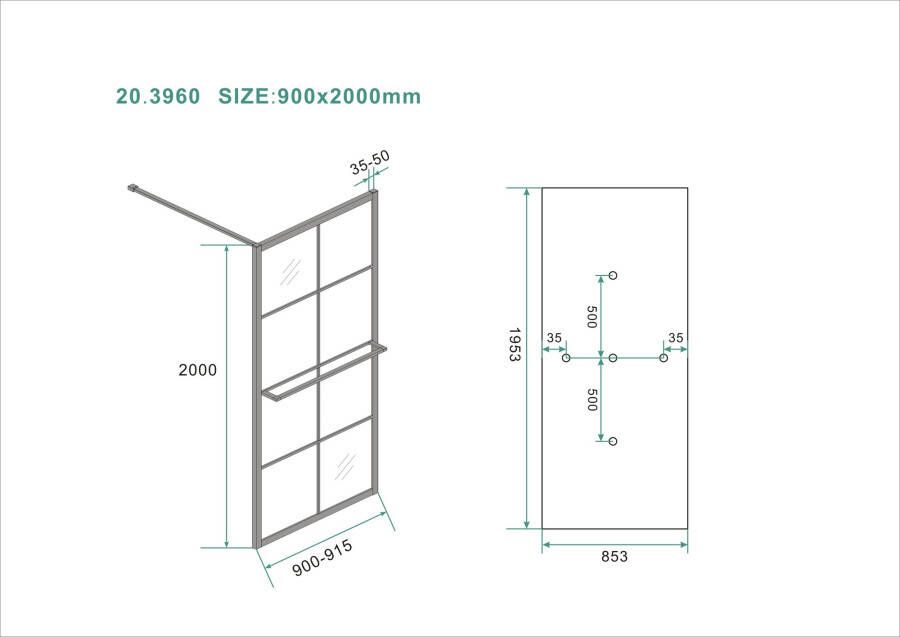 Wiesbaden Maaz inloopdouche met raster en handdoekhouder 10mm nano 90 cm x 200 cm mat zwart