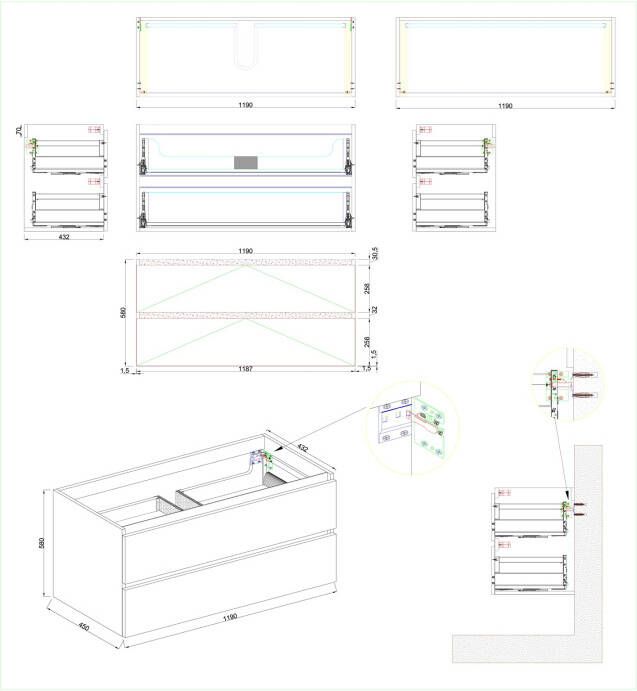 Wiesbaden Marmaris losse onderkast + 2 laden 1 uitsparing mat zwart 120 cm